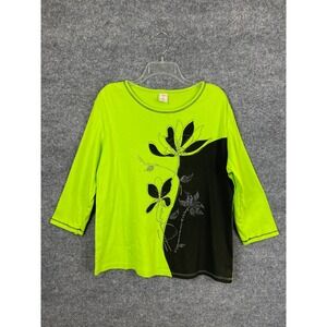 Jess & Jane Top Women's ens XL Lime Green Black Rhinestone Floral